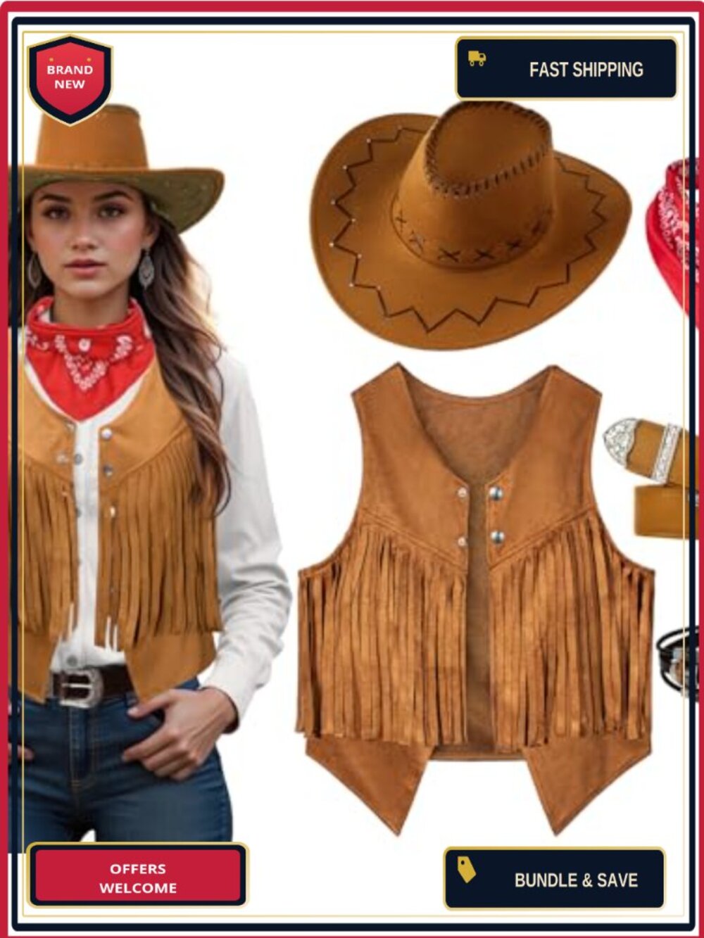 Women's Cowgirl Costume Set Tassel Fringe Vest Western Hat Belt Scarf Boho
